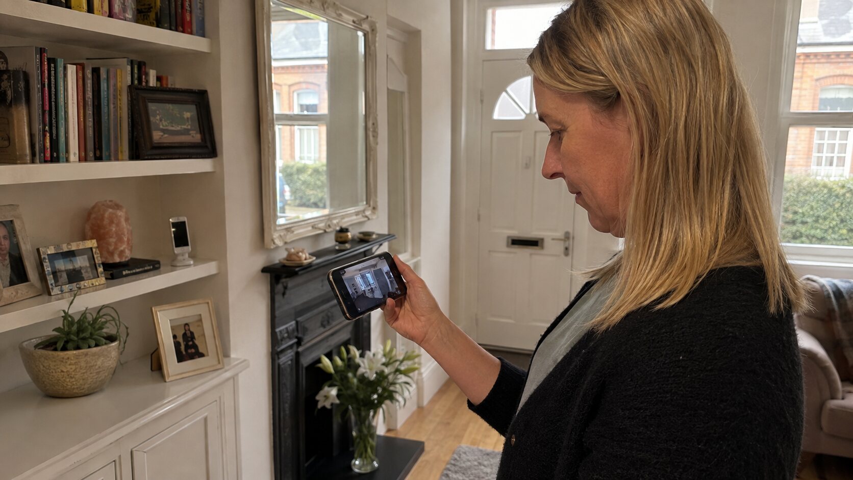 Person prüft per Smartphone einen Raum zu Hause