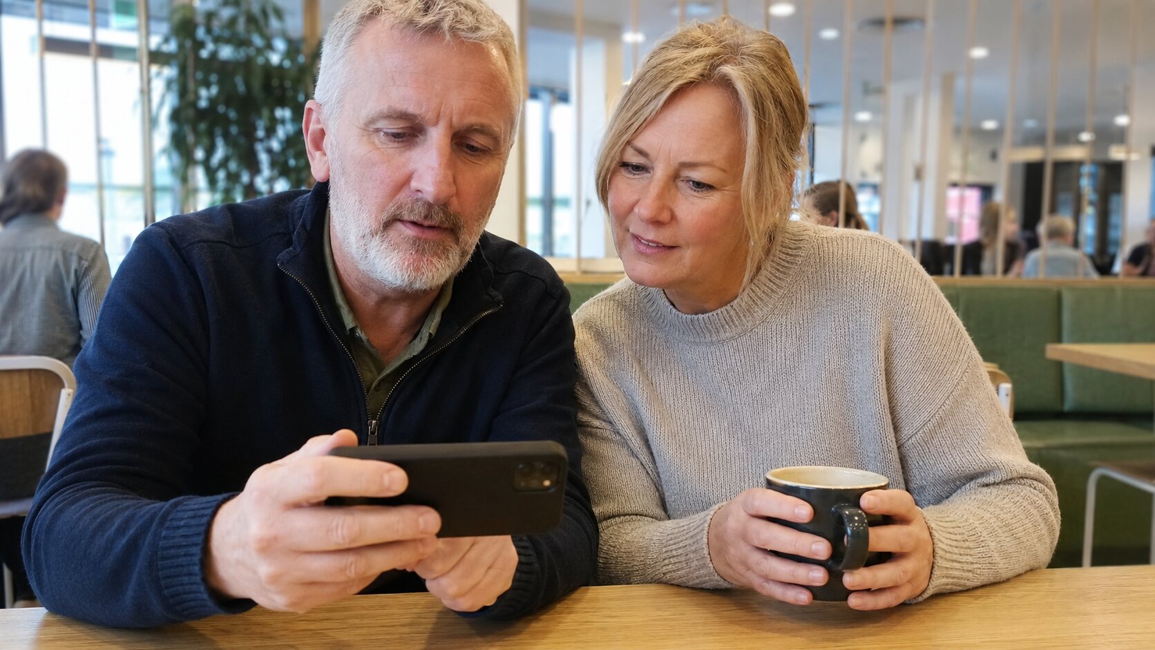 Paar schaut unterwegs auf ein Smartphone